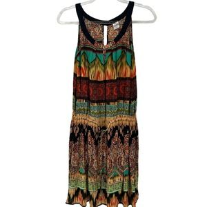Bila Womens Small Boho Mixed Print Sleeveless Mini Dress Ikat Paisley Drawstring